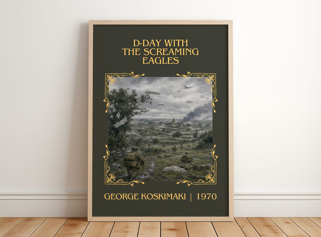 D-Day With The Screaming Eagles Classic Book Art Print by G. Koskimaki – framed print leaning on a wooden floor
