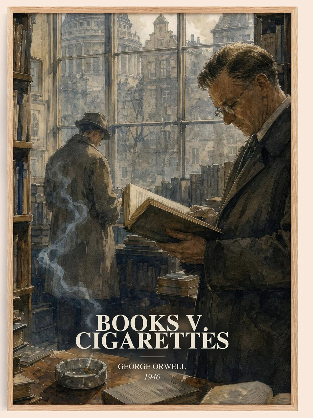 Books V. Cigarettes watercolour book poster by George Orwell – framed literary art print
