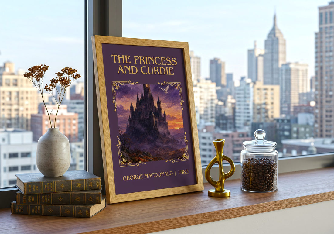 The Princess And Curdie Classic Book Art Print by George Macdonald – framed print on a city-view windowsill