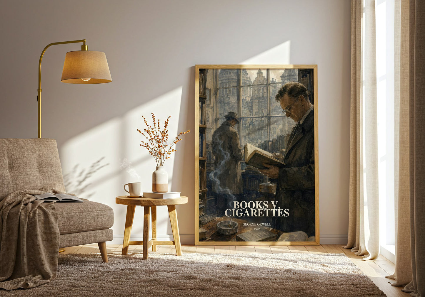 Books V. Cigarettes watercolour print in frame leaning in hallway – non fiction wall art