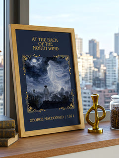 At The Back Of The North Wind Classic Book Art Print by G. Macdonald – framed print on a city-view windowsill