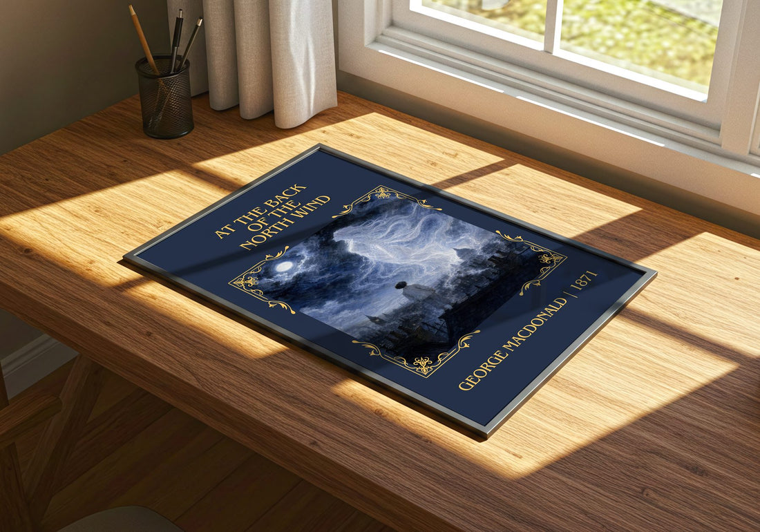 At The Back Of The North Wind Classic Book Art Print by G. Macdonald – print on a sunlit desk
