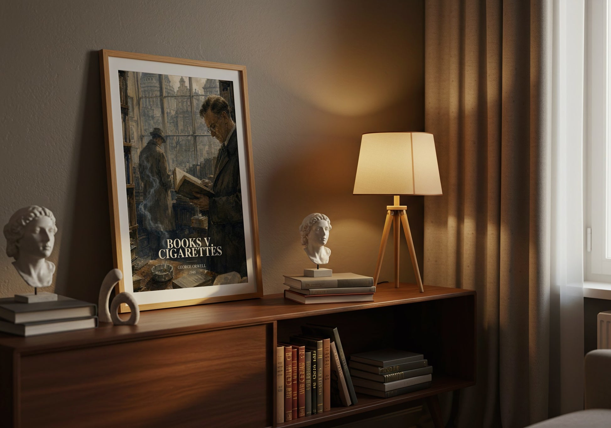 Books V. Cigarettes watercolour print on bookshelf – George Orwell fan gift