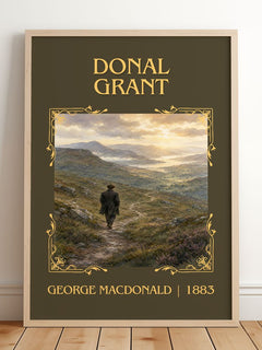 Donal Grant Classic Book Art Print by George Macdonald – framed print leaning on a wooden floor