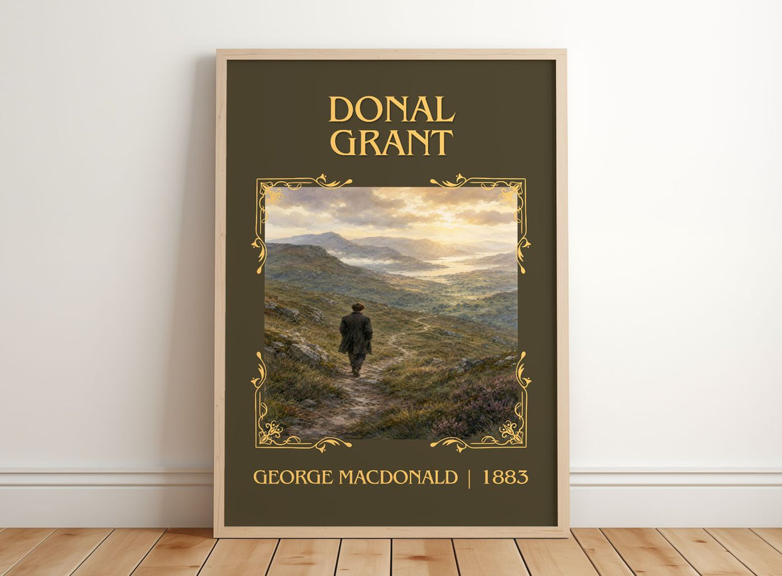 Donal Grant Classic Book Art Print by George Macdonald – framed print leaning on a wooden floor