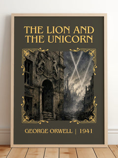 The Lion And The Unicorn Classic Book Art Print by George Orwell – framed print leaning on a wooden floor