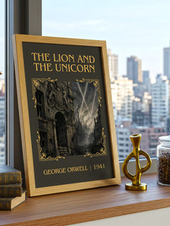 The Lion And The Unicorn Classic Book Art Print by George Orwell – framed print on a city-view windowsill
