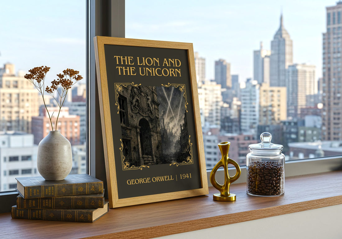The Lion And The Unicorn Classic Book Art Print by George Orwell – framed print on a city-view windowsill