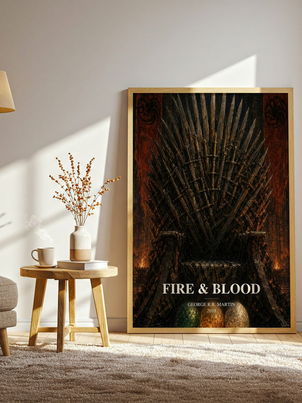 Fire & Blood watercolour print in frame leaning in hallway – fantasy wall art