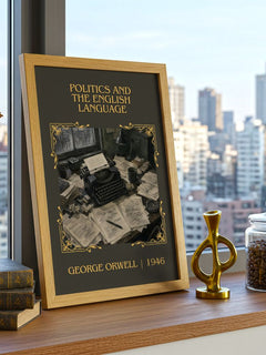 Politics And The English Language Classic Book Art Print by G. Orwell – framed print on a city-view windowsill
