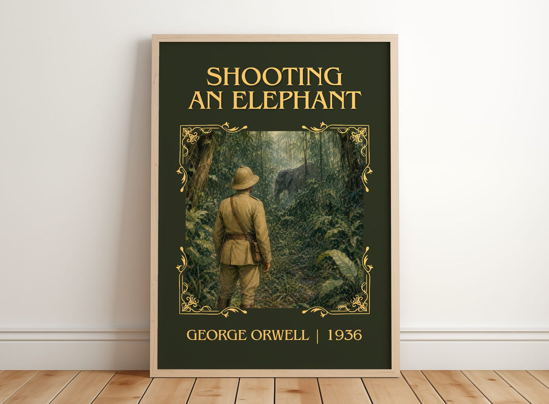 Shooting An Elephant Classic Book Art Print by George Orwell – framed print leaning on a wooden floor