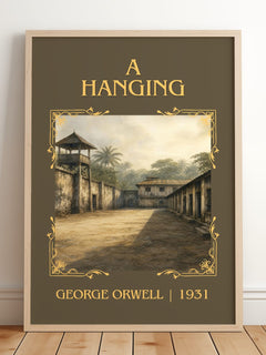 A Hanging Classic Book Art Print by George Orwell – framed print leaning on a wooden floor