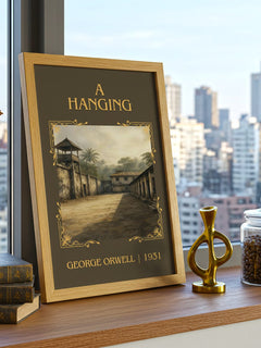 A Hanging Classic Book Art Print by George Orwell – framed print on a city-view windowsill