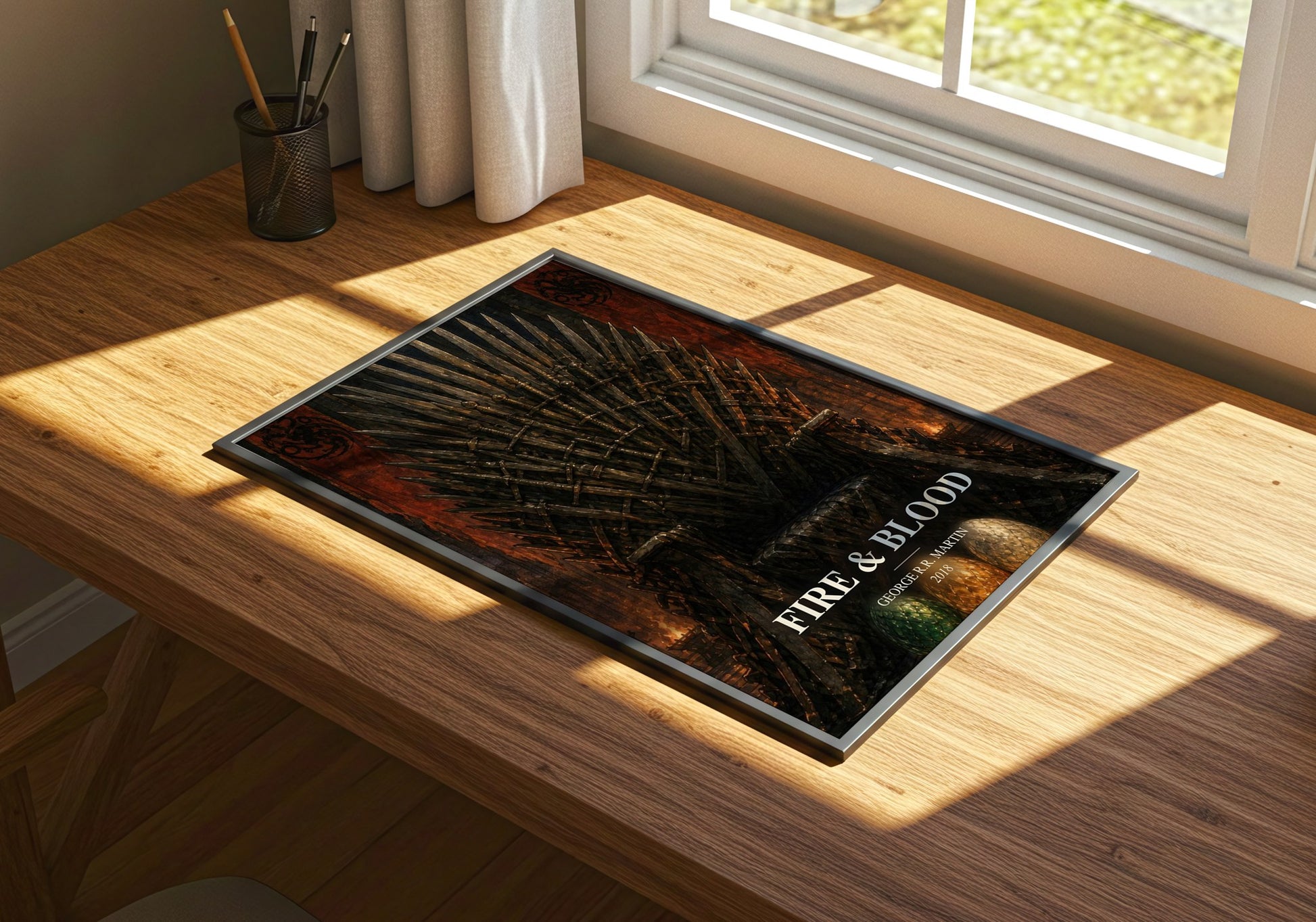 Fire & Blood watercolour book poster framed on wall – fantasy wall art