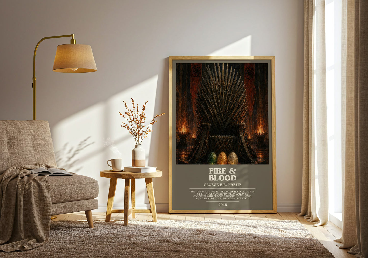 Fire & Blood bookish print on bookshelf – George R.R. Martin fan gift