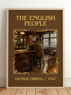 The English People Classic Book Art Print by George Orwell – framed print leaning on a wooden floor