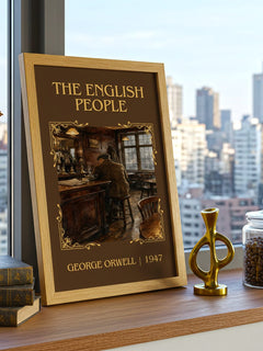 The English People Classic Book Art Print by George Orwell – framed print on a city-view windowsill
