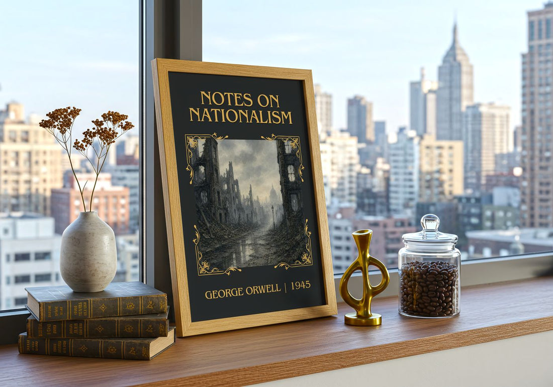Notes On Nationalism Classic Book Art Print by George Orwell – framed print on a city-view windowsill