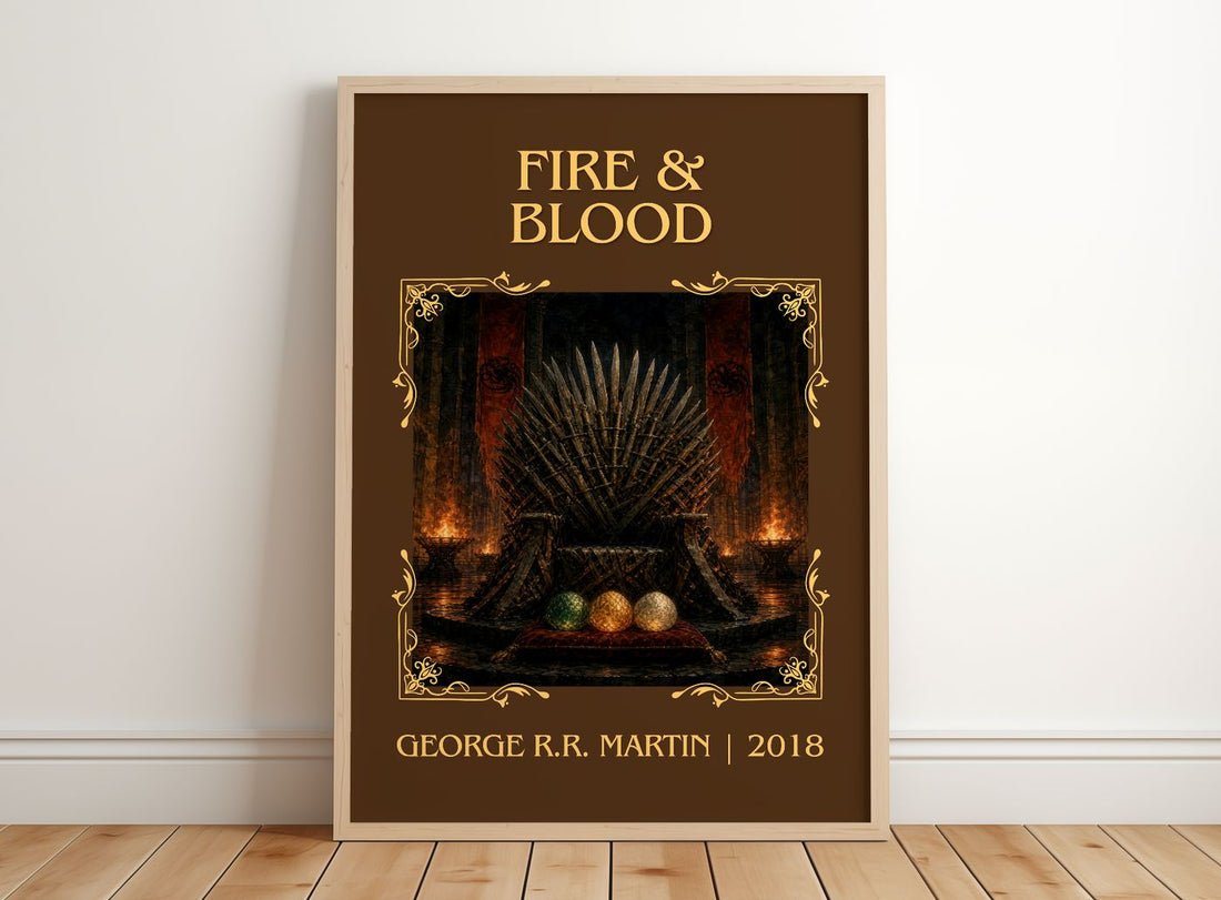 Fire & Blood Classic Book Art Print by George R.R. Martin – framed print leaning on a wooden floor