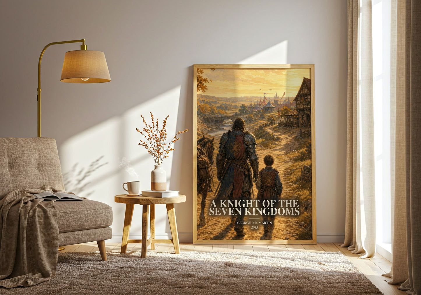 A Knight Of The Seven Kingdoms watercolour print in frame leaning in hallway – fantasy wall art
