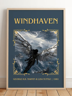 Windhaven Classic Book Art Print by George R.R. Martin & Lisa Tuttle – framed print leaning on a wooden floor