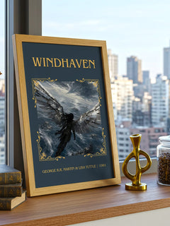 Windhaven Classic Book Art Print by George R.R. Martin & Lisa Tuttle – framed print on a city-view windowsill
