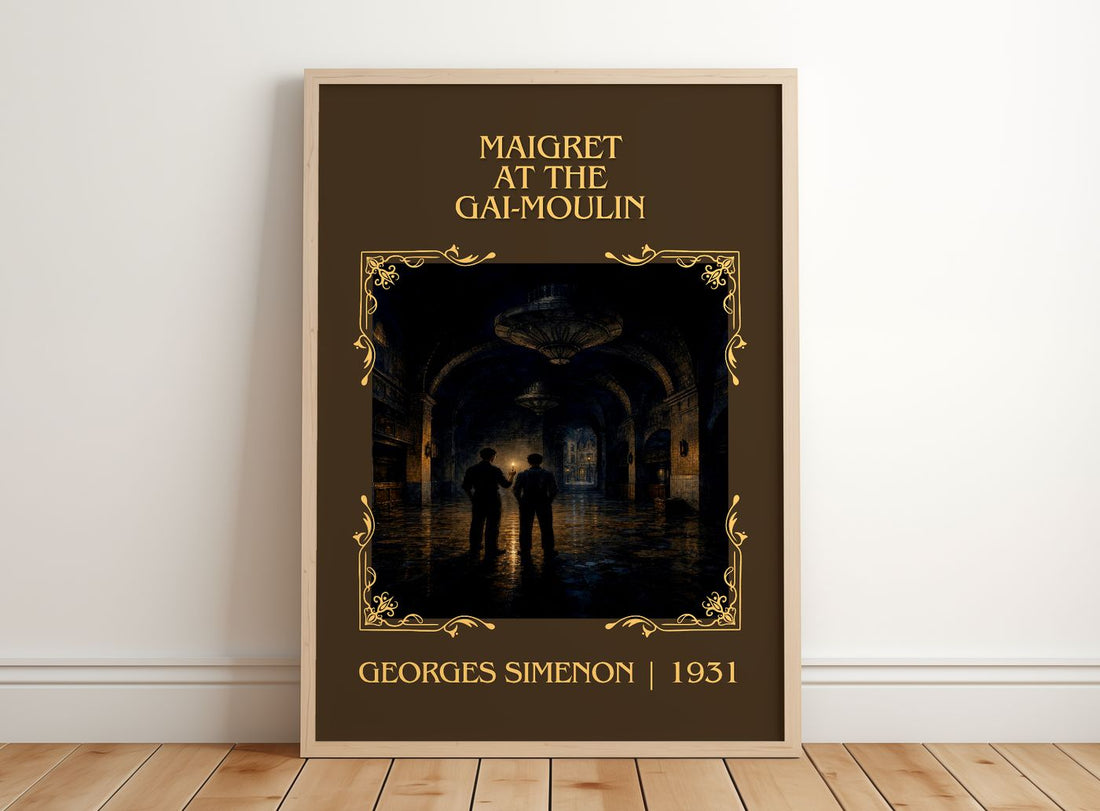 Maigret At The Gai-Moulin Classic Book Art Print by Georges Simenon – framed print leaning on a wooden floor