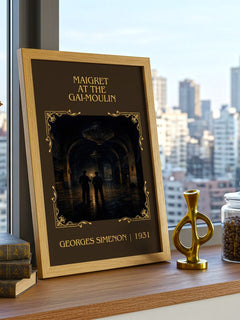 Maigret At The Gai-Moulin Classic Book Art Print by Georges Simenon – framed print on a city-view windowsill