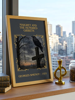 Maigret And The Hundred Gibbets Classic Book Art Print by G. Simenon – framed print on a city-view windowsill