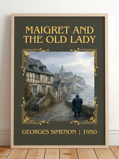 Maigret And The Old Lady Classic Book Art Print by Georges Simenon – framed print leaning on a wooden floor