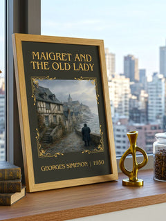 Maigret And The Old Lady Classic Book Art Print by Georges Simenon – framed print on a city-view windowsill