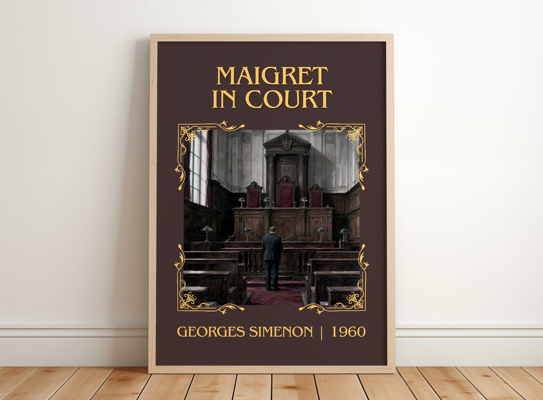 Maigret In Court Classic Book Art Print by Georges Simenon – framed print leaning on a wooden floor
