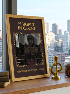 Maigret In Court Classic Book Art Print by Georges Simenon – framed print on a city-view windowsill
