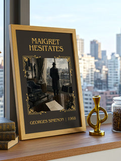 Maigret Hesitates Classic Book Art Print by Georges Simenon – framed print on a city-view windowsill