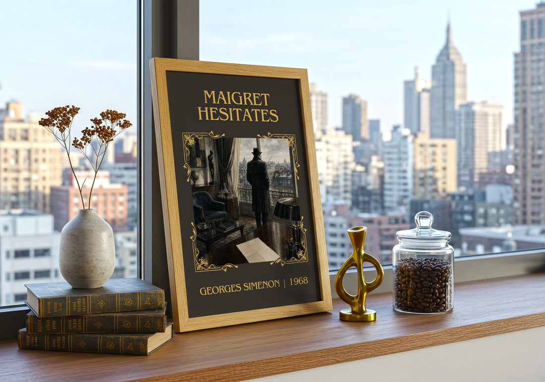 Maigret Hesitates Classic Book Art Print by Georges Simenon – framed print on a city-view windowsill