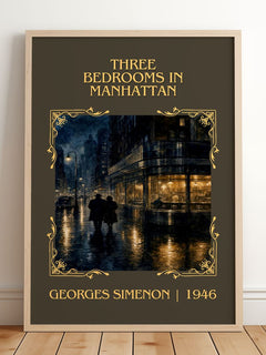 Three Bedrooms In Manhattan Classic Book Art Print by Georges Simenon – framed print leaning on a wooden floor
