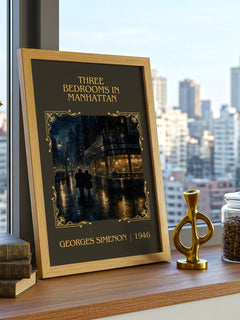 Three Bedrooms In Manhattan Classic Book Art Print by Georges Simenon – framed print on a city-view windowsill