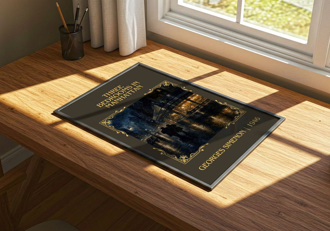 Three Bedrooms In Manhattan Classic Book Art Print by Georges Simenon – print on a sunlit desk