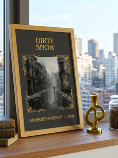 Dirty Snow Classic Book Art Print by Georges Simenon – framed print on a city-view windowsill