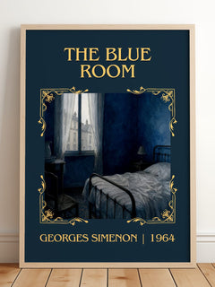 The Blue Room Classic Book Art Print by Georges Simenon – framed print leaning on a wooden floor