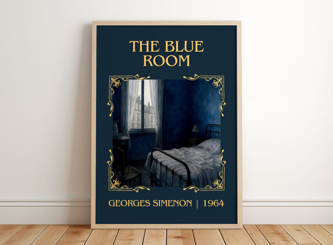 The Blue Room Classic Book Art Print by Georges Simenon – framed print leaning on a wooden floor