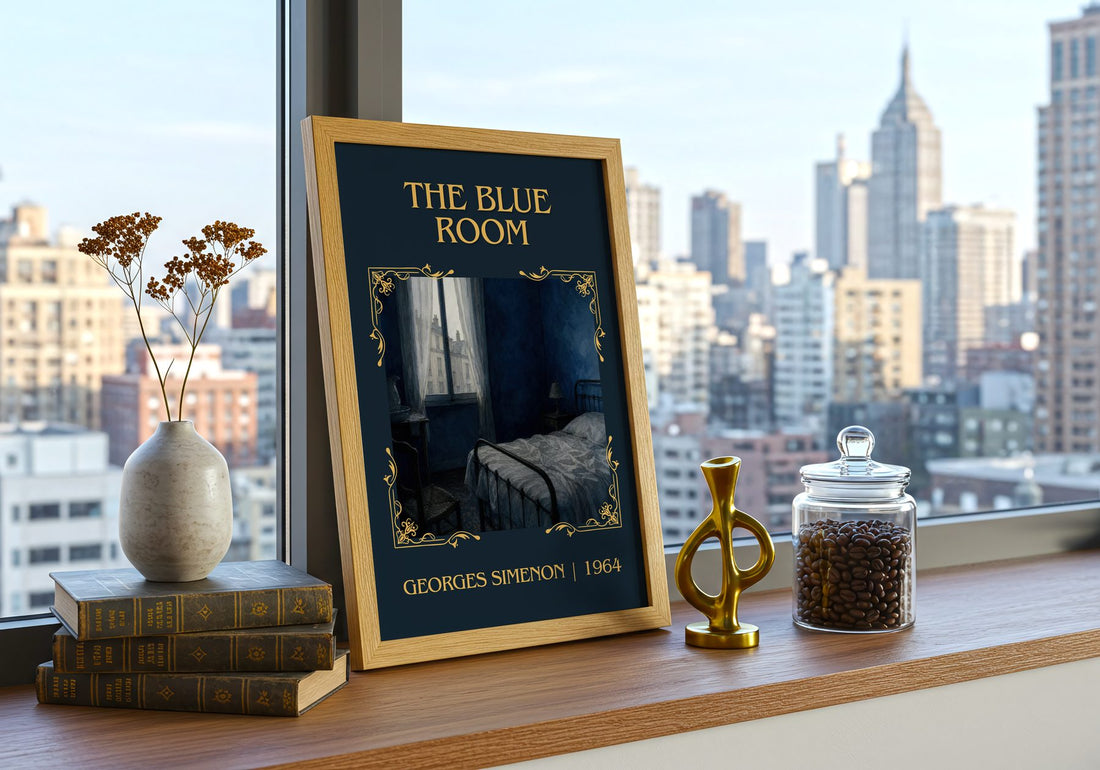 The Blue Room Classic Book Art Print by Georges Simenon – framed print on a city-view windowsill