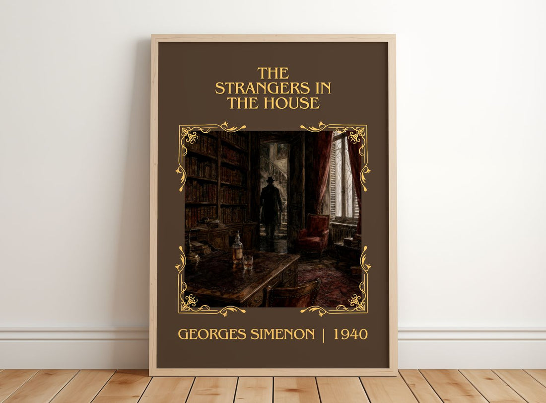 The Strangers In The House Classic Book Art Print by Georges Simenon – framed print leaning on a wooden floor