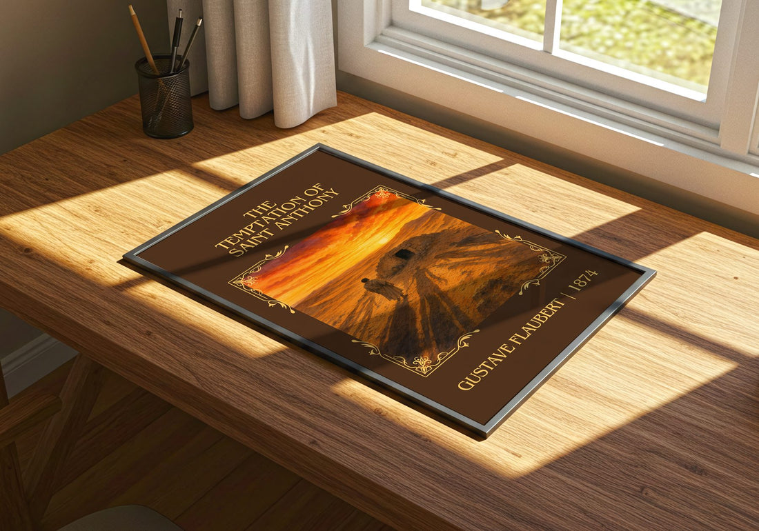 Temptation Of Saint Anthony Classic Book Art Print by Gustave Flaubert – print on a sunlit desk