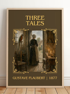 Three Tales Classic Book Art Print by Gustave Flaubert – framed print leaning on a wooden floor
