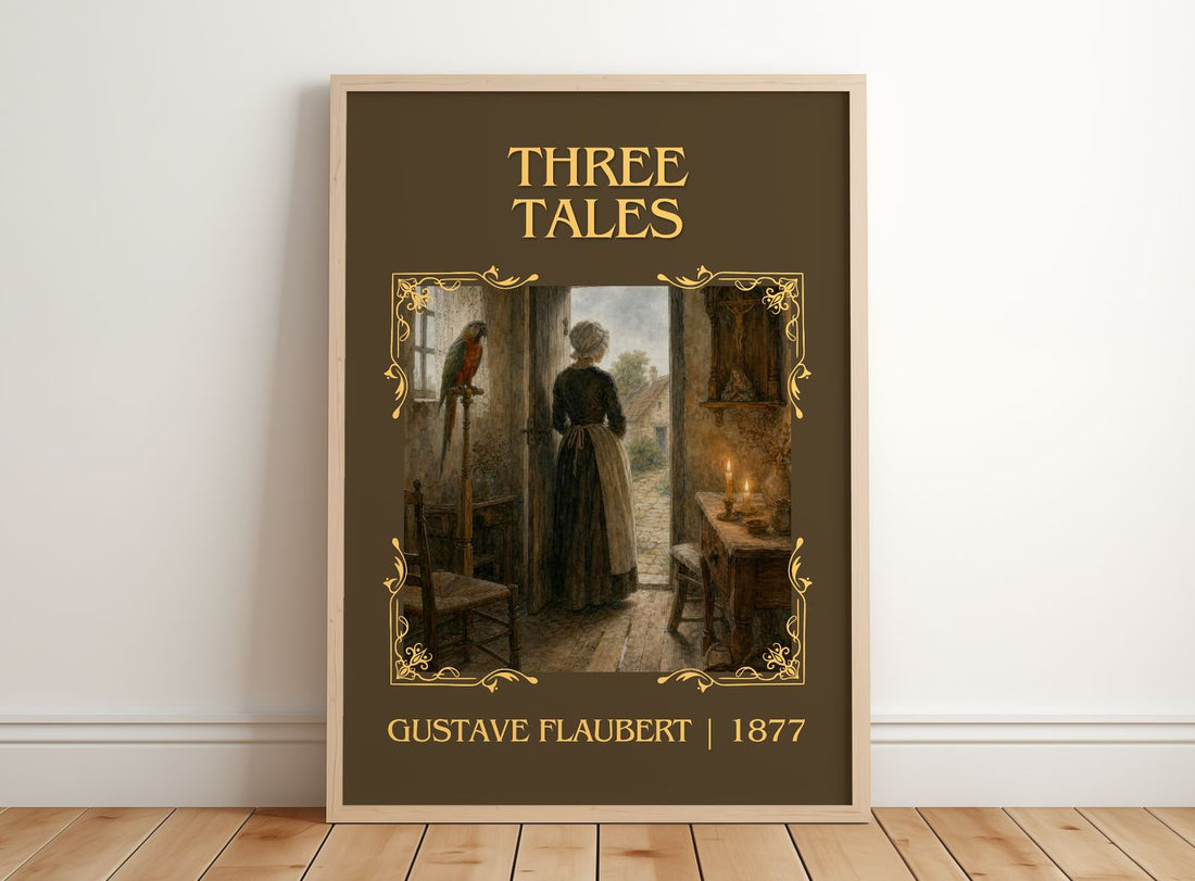 Three Tales Classic Book Art Print by Gustave Flaubert – framed print leaning on a wooden floor
