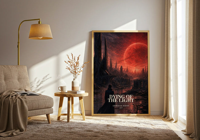 Dying Of The Light watercolour print in frame leaning in hallway – sci fi wall art