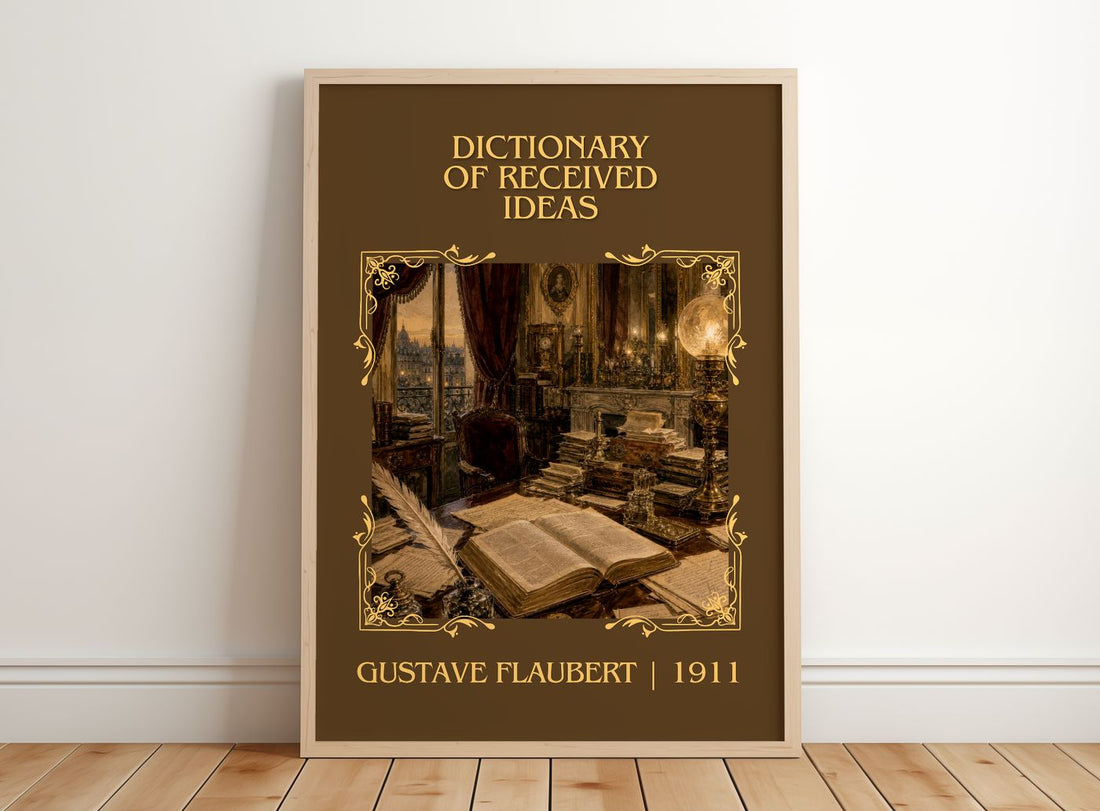 Dictionary Of Received Ideas Classic Book Art Print by G. Flaubert – framed print leaning on a wooden floor