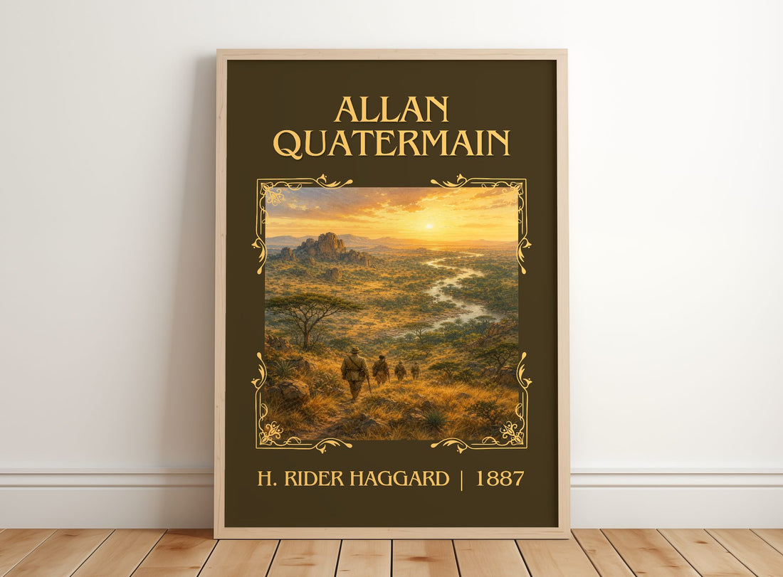 Allan Quatermain Classic Book Art Print by H. Rider Haggard – framed print leaning on a wooden floor