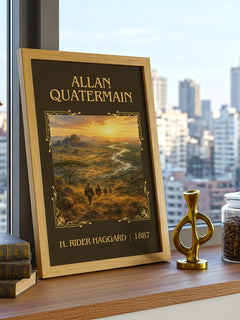 Allan Quatermain Classic Book Art Print by H. Rider Haggard – framed print on a city-view windowsill